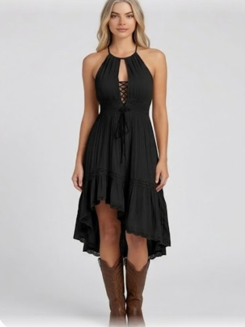 Boho Crinkle Gauze Halter Midi Dress - Lace-Up Corset High-Low Dress in Black